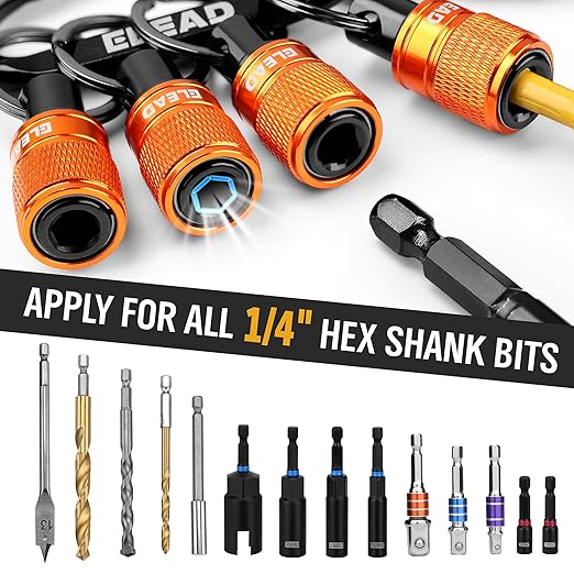 ELEAD 6-Piece Bit Holder Key Chain, 1/4 inch Orange Hex Shank Bit Holders, Quick Release Design with Keychain Carabiner for Nut Driver, Screwdriver & Drill Bits, Tools Gifts for Men