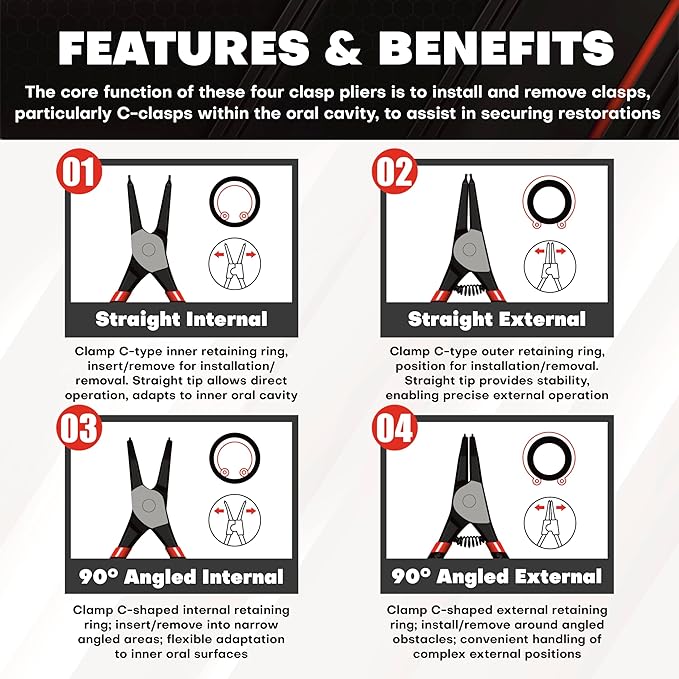 C&T 4-Piece Snap Ring Pliers Set, 7" Internal & External Circlip Pliers Kit (Straight & Bent Jaw),CR-V Steel, for Retainer Removal, Includes Storage Pouch