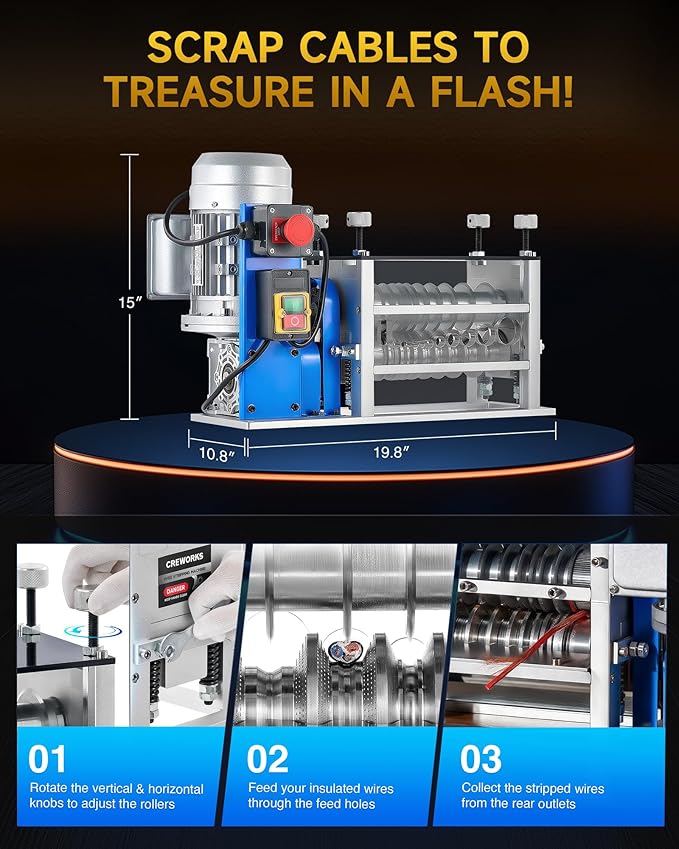 CREWORKS Electric Wire Stripping Machine, 11 Channel Automatic Wire Stripper for 0.06-1.6 in. Copper Wires, 550W Cable Stripper Machine with 10 Blades, Electric Wire Stripper for Workshop Recycling