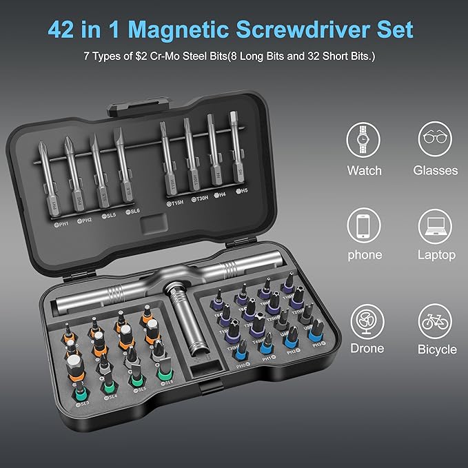 42 in 1 Magnetic Screwdriver, DIY Ratchet Screwdriver Set, Multi Bit Ratcheting Screwdriver Set with Storage Case Repair Tool Kit for Computer Eyeglass Bicycles Watch, Furniture