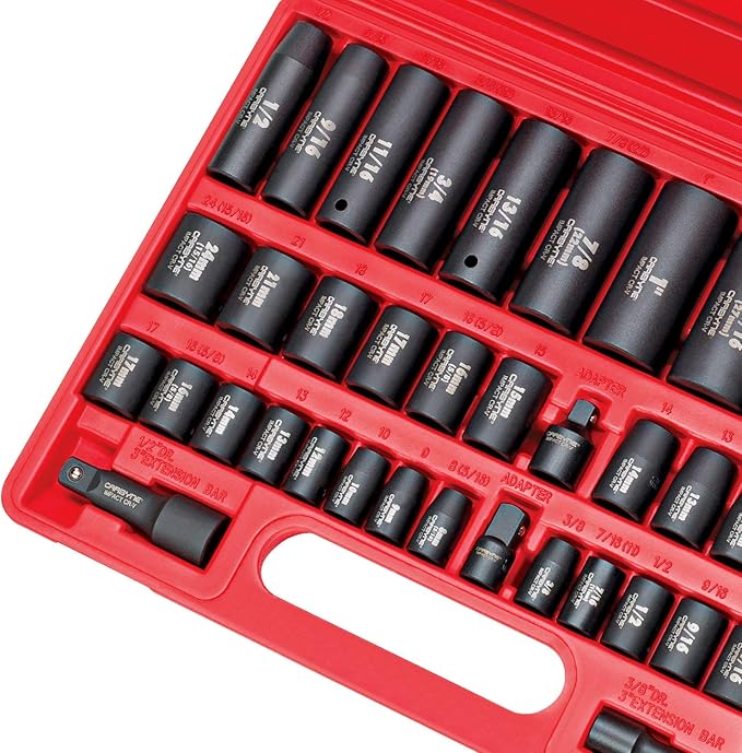 CARBYNE 40-Piece Impact Socket Set | SAE & Metric - Standard and Deep Sockets. 6-Point Design. Metric 8mm-32mm, SAE 3/8" to 1-1/4". Cr-V Steel, Corrosion Resistance, Durable Case | 3/8'' & 1/2'' Dr
