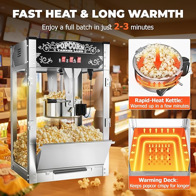 20 Oz Commercial Popcorn Machine, 1440 W, Movie Theater Popcorn Machine, Black Tabletop Pop corn Machine with 3-Switch Control & Steel Frame Tempered Glass Doors
