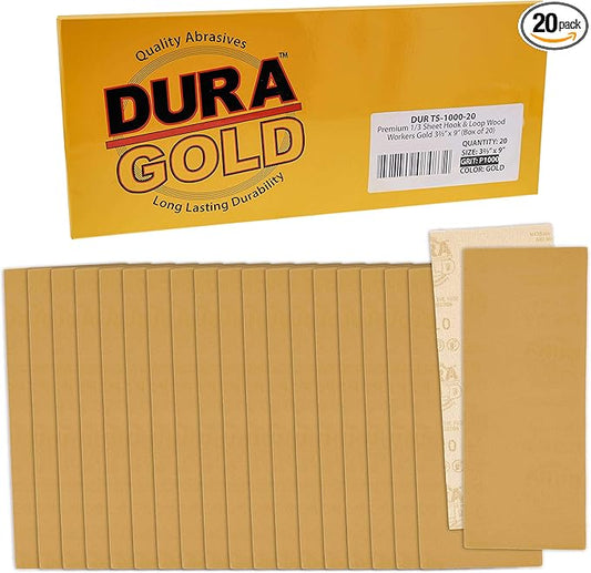 Dura-Gold Premium 1/3 Sheet Gold Sandpaper Sheets, 1000 Grit (Box of 20) - 3-2/3" x 9" Size Hook & Loop Backing, Wood Furniture Woodworking, Auto Paint - Jitterbug Sanders, Clip-On, Hand Sanding Block