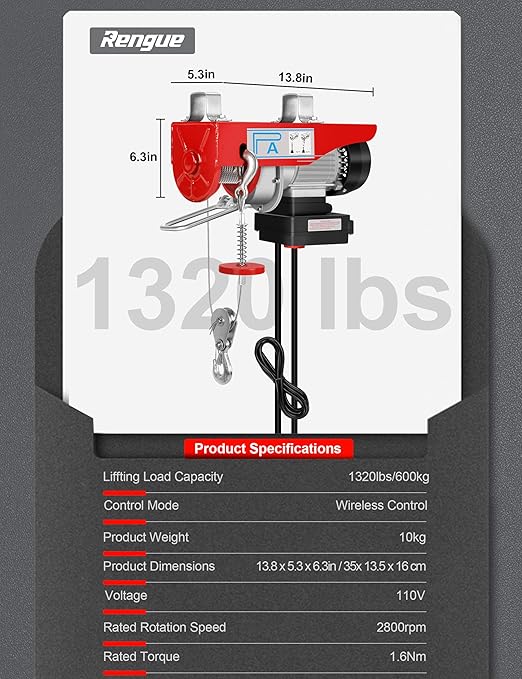 RENGUE 1320LBS Electric Hoist, 110V Winch with Wireless Remote Control, 1150W Electric Lift Single/Double Slings 38ft Lifting Height with Emergency Stop for Garage Ceiling Crane Overhead Factory