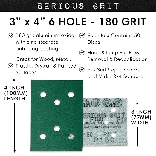 Serious Grit - 3" x 4" 6-Hole 180 Grit Sanding Sheets - Fits Surfprep, Uneeda Ekasand, Mirka DEOS 343 - Heavy-Duty Hook & Loop Film Abrasive Pads - Sandpaper for 3x4 Sheet Sanders - 50 Pack Box