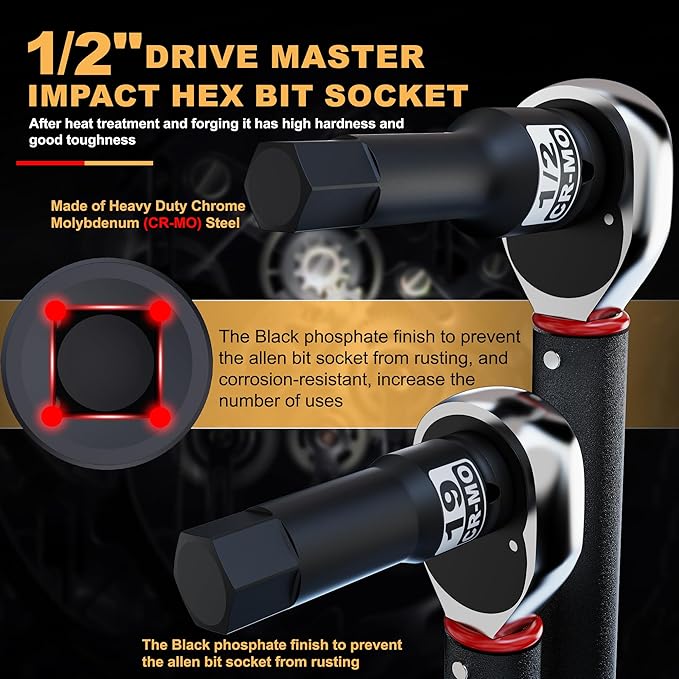 1/2" Drive Master Impact Hex Bit Socket Set, Metric & SAE, 20-Piece 1/2 Inch Drive Impact Allen Bit Socket Set, 5mm - 19mm & 1/4" - 3/4", Cr-Mo Steel, Heavy Duty Storage Case