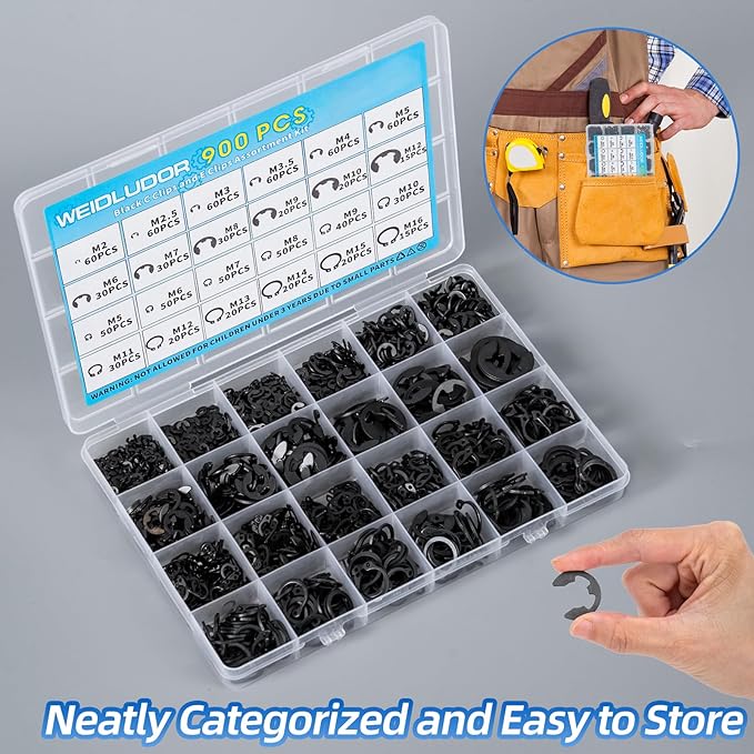 900PCS Carbon Steel Retaining Rings Set - 24 Sizes C Clips & E Clips Assortment Kit for Auto Parts Repair, Machinery Maintenance and Industrial Equipment