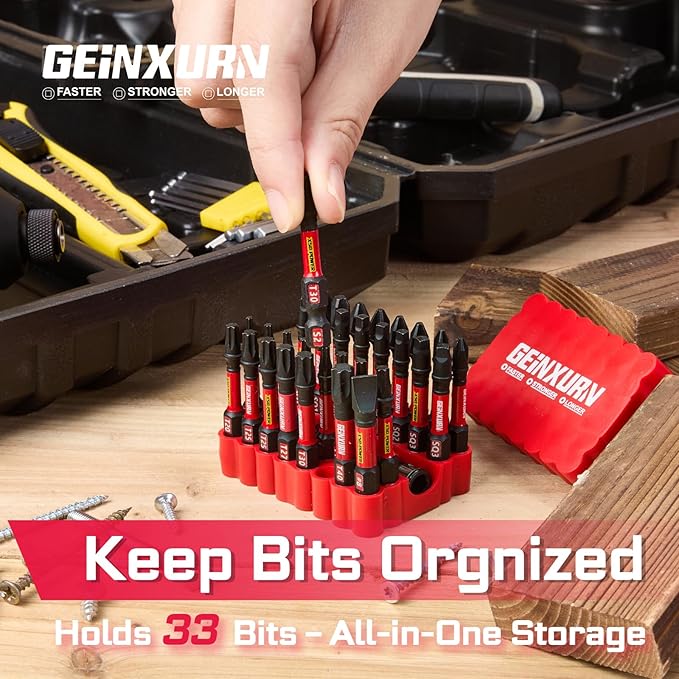 Impact Screwdriver Bits Set, 33 Pieces 2?쒶ulti Head Magnetic S2 Steel Driver Bits PH/SQ/Torx/Slotted With Red Soft Base