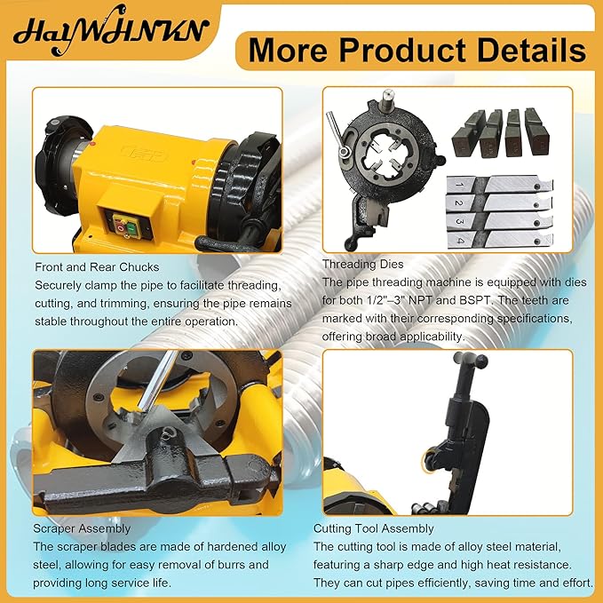 HayWHNKN Pipe Threader Machine, 1/2" to 3" Electric Pipe Threading Machine Cutter, 220V 750W Heavy Duty Power Threader with NPT & BSPT Dies, for Pipes in Plumbing, Electrical and Gas Installation