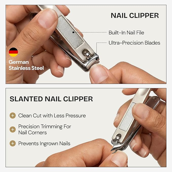 Manicure Pedicure Set 7-in-1 Stainless Steel, Ultra Sharp, Slanted Nail Clipper, Fingernail Clipper, Cuticle Nipper, Glass Nail File, Eyebrow Tweezers, Scissors, Case ??Gift (Matte Gray)