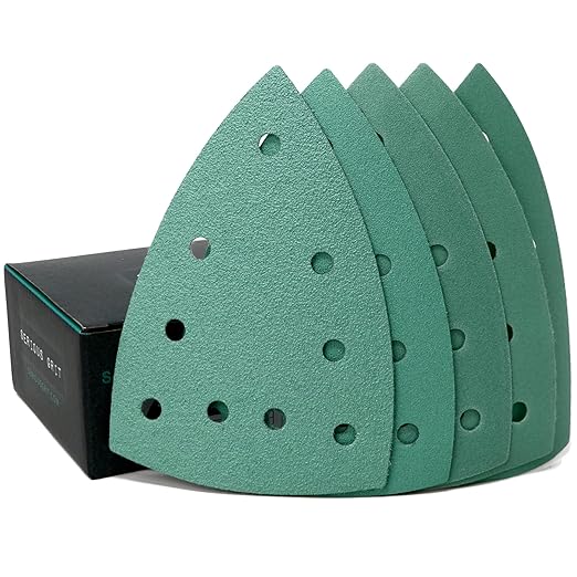 Serious Grit - 4" x 6" Delta (100mm x 150mm) Triangle Hook & Loop Sanding Sheet Assortment - 80, 120, 150, 180, 220 Grit (10 of Each) - Fits Festool DTS 400 & Mirka DEOS Delta Sanders - 50 Pack Box