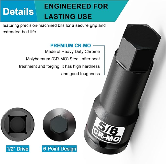 1/2" Drive H5/8-Inch Impact Hex Bit Socket, SAE Allen Bit Socket, Cr-Mo Steel, Removing Loosening Hexagon Bolts