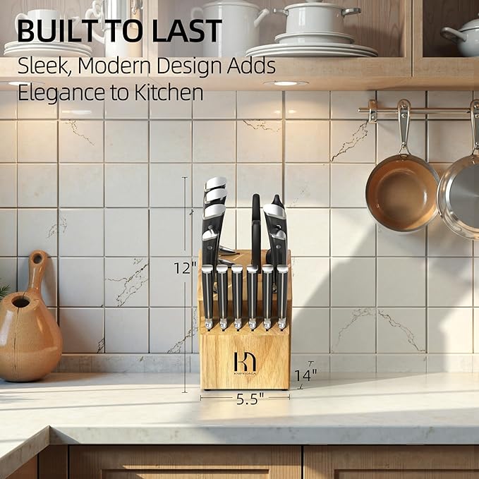 KnifeSaga Knife Set with Block, Japanese 15 PCS Ultra Sharp Ktichen Knives Set, High Carbon Stainless Steel Knife Block Set with Sharpener, Professional Knives with Ergonomic Handle for Home Chefs