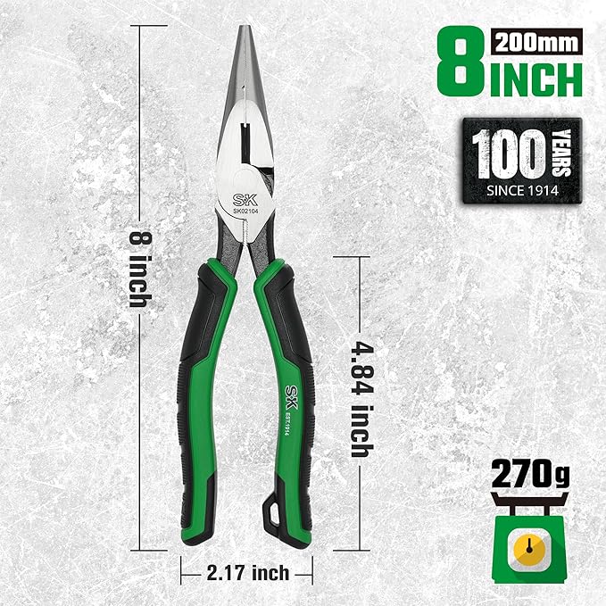 SK 8-Inch Long Nose Pliers, Needle Nose Pliers, High Carbon Steel, Ergonomic Anti-slip Handle for Comfortable Grip