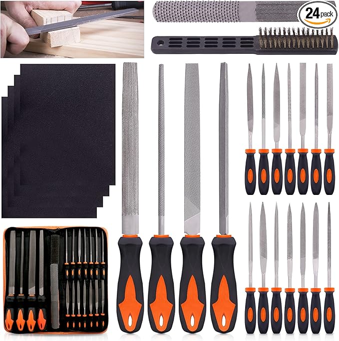 Swpeet 24Pcs Metal File Set with 4 in 1 Way Wood Rasp File and File Wire Brush Kit with Carry Case, Needle Files Flat Files Round Half Round Triangle File for Shaping Metal, Wood