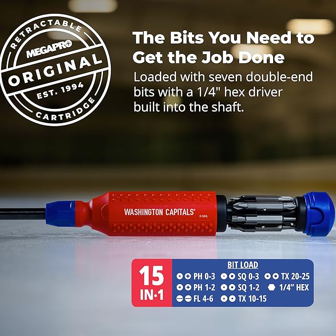 MEGAPRO짰 NHL짰 Team Edition Multi-bit Screwdriver | Officially Licensed NHL짰 Gear | Durable, Ergonomic, Pro-Grade Screwdriver (Washington Capitals짰)