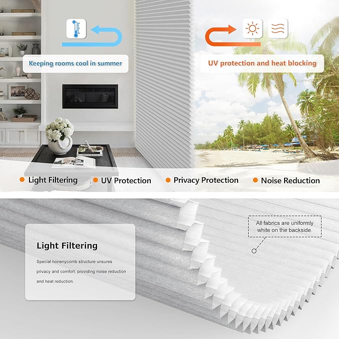 LazBlinds No Tools No Drill Cordless Cellular Shades, Top Down Bottom Up (TDBU) Honeycomb Shades for Home, Light Filtering Thermal Insulation Blinds for Windows, 27" W x 64" H, Grey