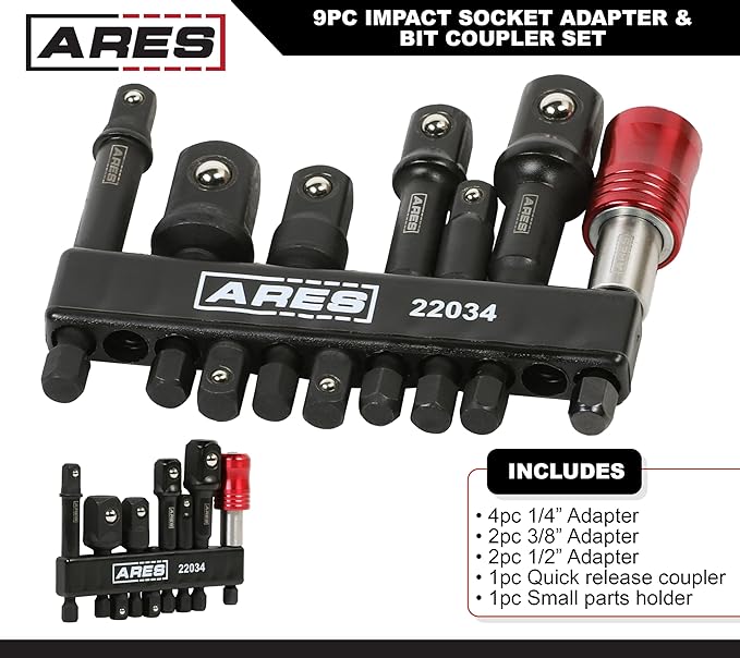 ARES 22034 ??9-Piece Impact Grade Socket Adapter and Bit Coupler Set - Turns Impact Drill Driver into High Speed Socket Driver - 1/4-Inch, 3/8-Inch, and 1/2-Inch Drive ??Quick Release Bit Coupler