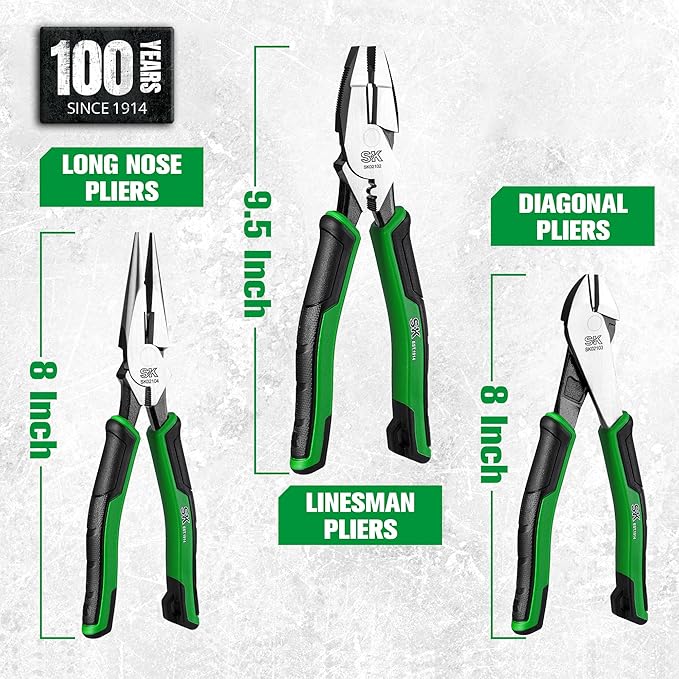 SK 3-Piece Pliers Set, 9.5-Inch Linesman, 8-Inch Diagonal & Needle Nose Pliers, High Carbon Steel, Ergonomic Anti-slip Handle, with Rolling Pouch