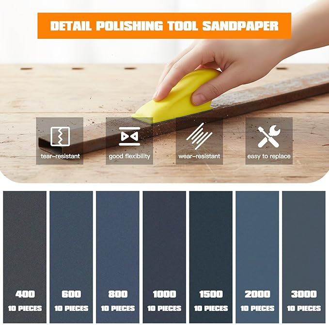 Micro Detail Sander Paper Kit WITH 70xWet Dry Sandpaper-Grit 400 600 800 1000 1500 2000 3000,3.5?쓝 1?쒱and Sanding Block with Hook and Loop Sanding Strips for Wood Metal Glass Surface