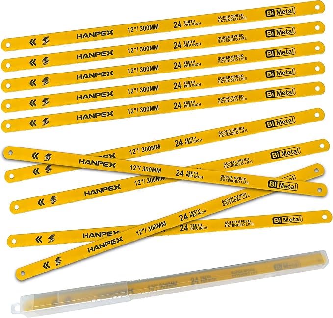 12in. High-Tension Hacksaw Frame with 10pcs 24TPI Extra Bi-metal Blades, Hand Saw Suitable for Metal, wood, PVC, Carpentry