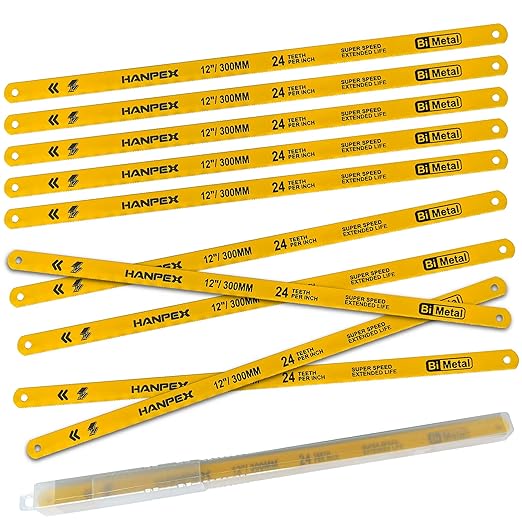 Hacksaw Replacement Blades (10 Pack) High Speed 24 TPI - 12" Length Hack Saw Blade - Bi-Metal HSS Cutting Blades