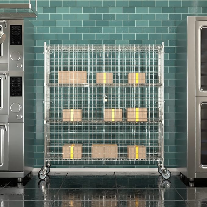 Commercial Grade NSF Listed Metal Wire Mesh Storage Chrome Mobile Security Cage Kit, 18" x 60" x 70", Perfect for Warehouse, Grocery Store, Restaurant, Dishroom