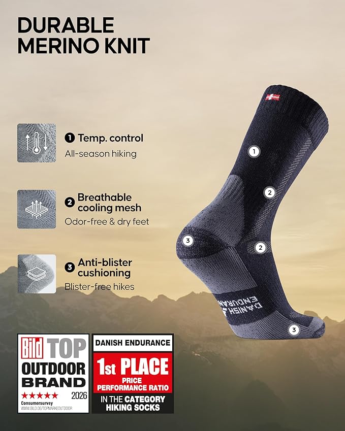 DANISH ENDURANCE Merino Wool Hiking Crew Socks for Men & Women, Cushioned Anti-Blister, Breathable - 3 Pairs