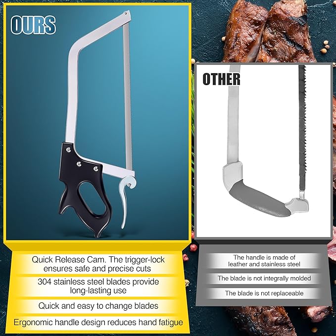16 Inch Butcher Saw Meat and Bone, Professional Meat Processing Saw with Stainless Steel Blade, Quick Release Black Tightening Cam Comfort Handle, for Household, Processed Livestock and Game