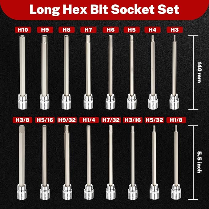 TOMMARS 16-Pc Long Hex Bit Socket Set, Extra Long Allen Socket Set, CR-V and S2 Steel, SAE & Metric 1/8-3/8 in., 3-10 mm.