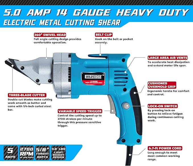 Electric Metal Shear, 14 Gauge 5.0 Amp Variable Speed Swivel Head Heavy Duty Sheet Metal Cutter