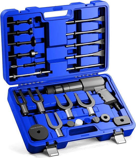 25PCS Multi-functional Pneumatic Hammer Piece Chisel Set, Air Hammer Kit, 2100 BPM Quick Change Retainer Air Hammer with Shovel Heads, Ball Joint Separator Set, Air hammer Bits (Blue)