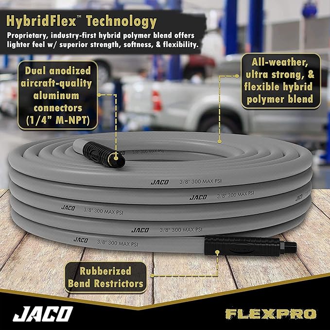 JACO FlexPro Hybrid Air Hose (3/8" x 50 ft) | Dual 1/4" M-NPT Fittings (Storm Gray)