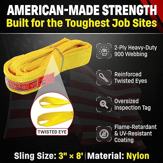 DD Sling 3 Inch x 8 Foot Nylon Lifting Sling – USA Made, 8,900 lb Vertical, 7,200 lb Choker, 17,800 lb Basket – 2-Ply Heavy Duty 900 Webbing, Type 4 Twisted Eye & Eye Rigging Sling