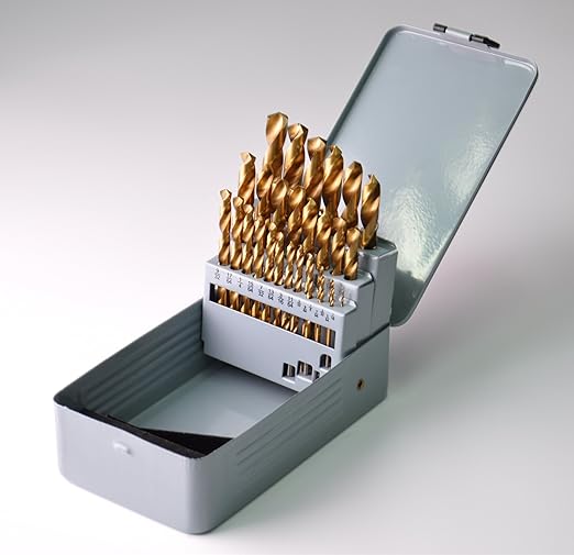 DRILLFROCE 29pcs HSS Jobber Length Titanium Coated Twist Drill Bits Set 1/16"-1/2" in Metal Case