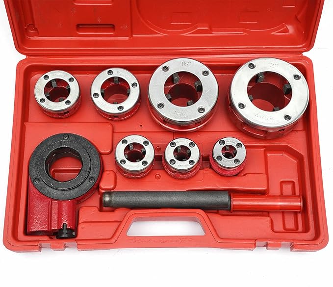 Manual Ratcheting Pipe Threader Kit BSTP Portable Pipe Threader Handheld Ratchet Pipe Threading Set with 7 Dies Set 3/8", 1/2", 3/4", 1", 1-1/4", 1-1/2", 2" for Standard Galvanized Pipe or PP-R Pipe