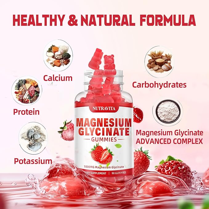 Magnesium Glycinate Gummies 1000mg with L-Threonate,Chelated Magnesium Potassium Complex Supplement with VitD, B6, CoQ10, Calcium,Supports for Memory, Calm, Mood - 180 Gummies Strawberry