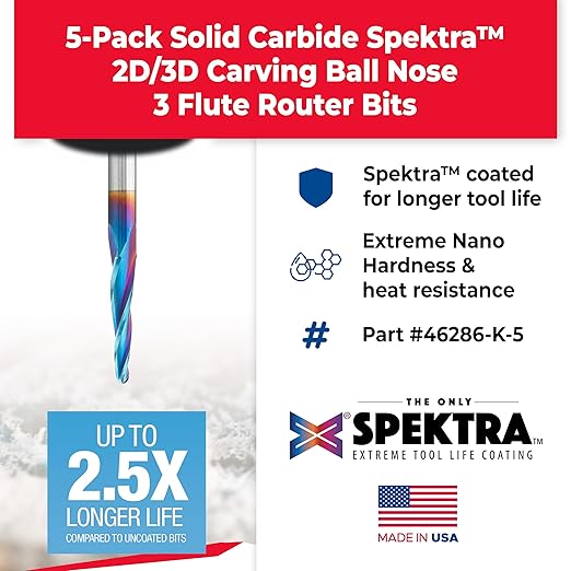 Amana Tool 46286-K-5 5-Pc CNC Solid Carbide Spektra Extreme Tool Life Coated Tapered Spiral 2D/3D Carving 1/8 Dia x 1/4 Inch SHK Router Bit Pack