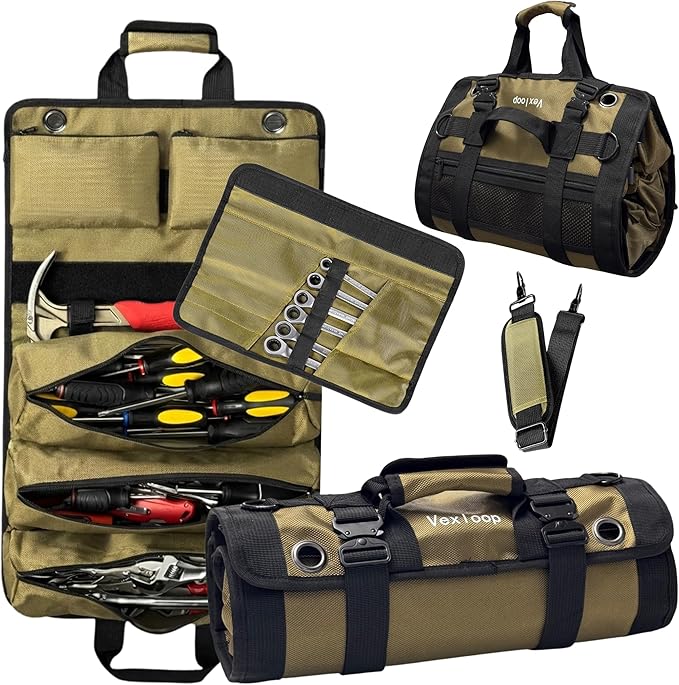 Heavy-Duty Tool Roll Bag Organizer Aluminium Clasp | Ultra Thick & Puncture Resistant Mechanic Roll tool Bag for Truck, Jeep & Car | Large Capacity Overland Gear Storage | Roll Up Tool Bag Organizer
