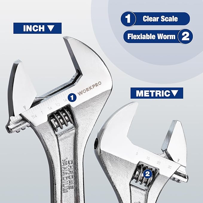 WORKPRO 3-piece Adjustable Wrench Set, Cr-V Wide Jaw Wrench With Rubber Anti-Slip Grip, 6-inch, 8-inch, 10-inch with Metric/SAE Scales, Chrome Plated