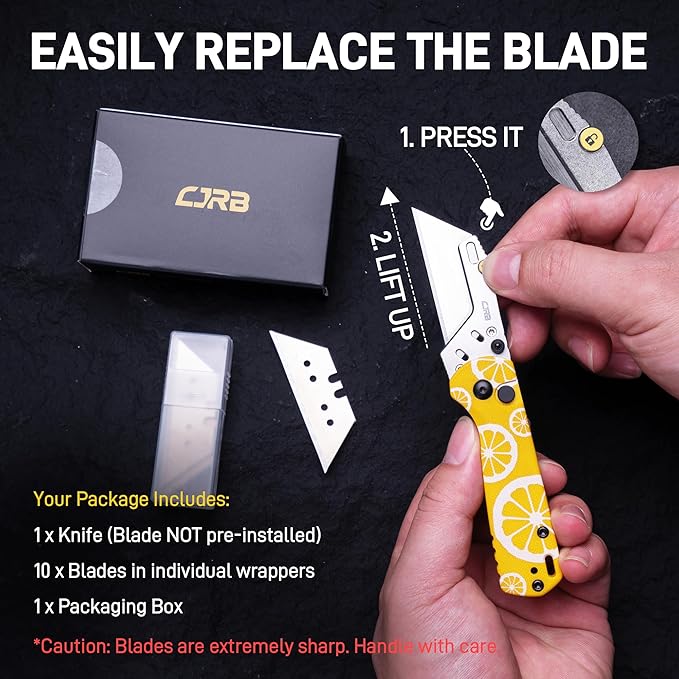 CJRB Boxer Pocket Folding Utility Knife, EDC Knife with 10PCS Total Blades, Small Pocket Knife with G10 Handle for Men Women(J1967 Lemon Yellow)