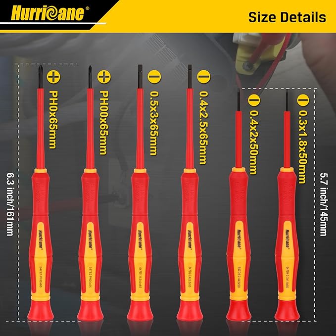 HURRICANE 1000V Insulated Screwdriver Set, 6 Piece Precision Electrician Screwdriver Set with Magnetic Tips for Electrical Repairs (Slotted 1.8/2.0/2.5/3.0mm, Phillips PH00/PH0) with Storage Case
