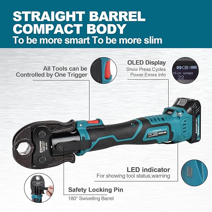 ZUPPER Compact Pro Press Tool kit with 4 Copper Pro Press Jaws 1/2" to 1-1/4", Brushless Motor, 2pcs Battery, Fast Charger & Carrying Case