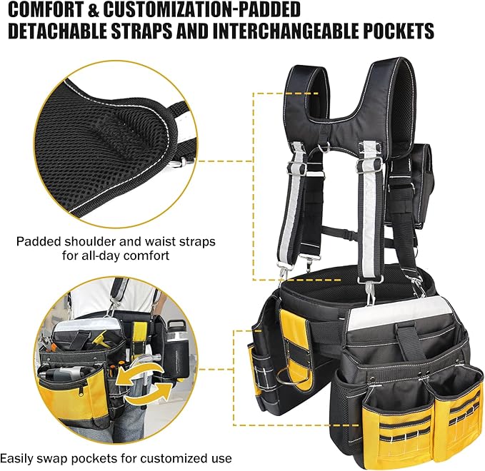 Tool Belt with Suspenders for Men, Heavy Duty Construction Tool Belt with 32 Pockets, 1680D Ballistic Material, Reflective Strips for Safety, HVAC Toolbelt for Men