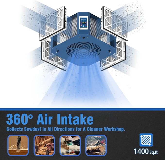 360째 Woodshop Air Filtration System Woodworking - 1050/1350 CFM, Built-in Ionizer, with Strong Vortex Fan, Shop Air Filtration for Garage, Works Shop, Dust Collectors System, KMF12D, Blue