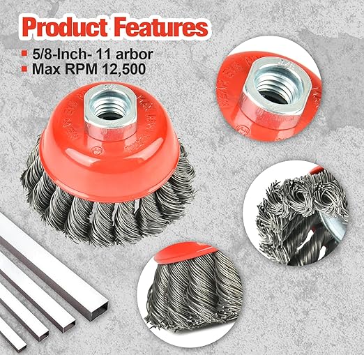 Aain 10 Pack Wire Wheel Cup Brush, 3 Inch Twisted Knotted Wheel Cup Brush with 5/8"-11 Threaded Arbor for Angle Grinder, Max RPM 12,500, 0.020in Carbon Steel for Rust Removal, Abrasives