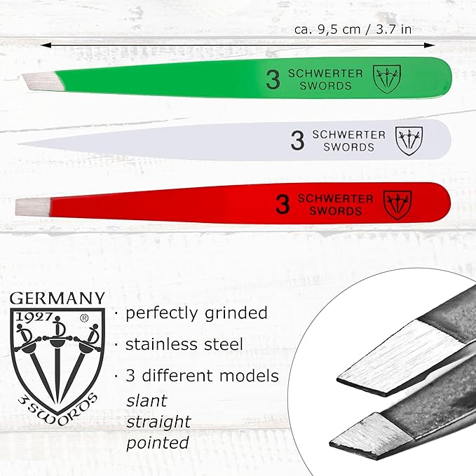 3 Swords Germany – brand quality professional stainless steel precision tweezer set “MEXICO” slanted, straight, pointed eyebrows hair, manicure pedicure – pinzas rectas, biseladas, puntiagudas (5366)