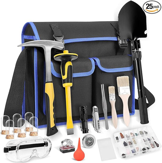25 PCS Geology Rock Pick Equipment Kit, 28 oz. Rock Pick Hammer with 12" Mason Chisel, Safety Glasses, Whistle, Jewelers loupe, Tool Set for Hounding, Gold Mining & Prospecting, Stone Breaking