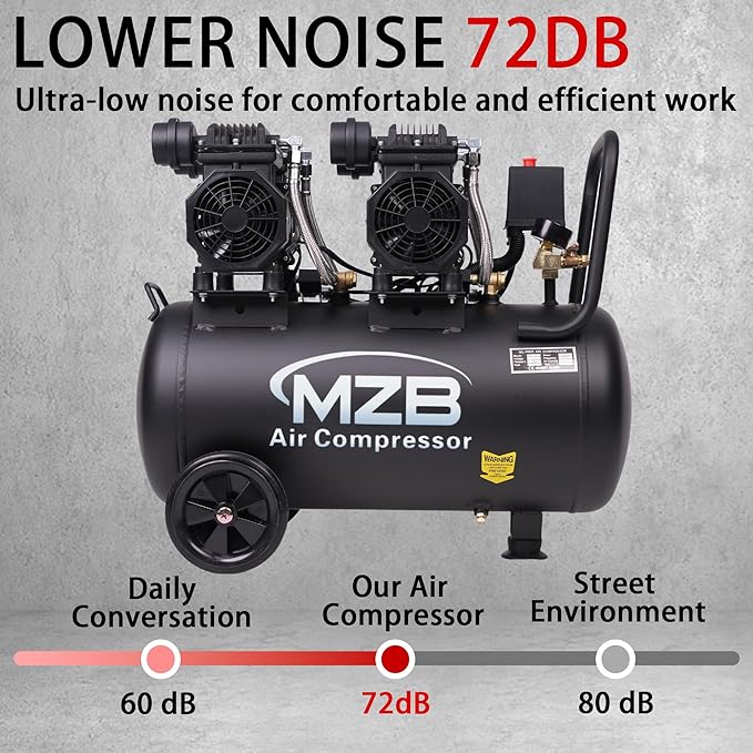 MZB 13.2 Gallon Ultra Quiet Air Compressor 115Psi Steel Tanks Oil Free Air Compressor Ideal for Tire Inflation Pneumatic Tool Spray Painting 72dB Noise Level