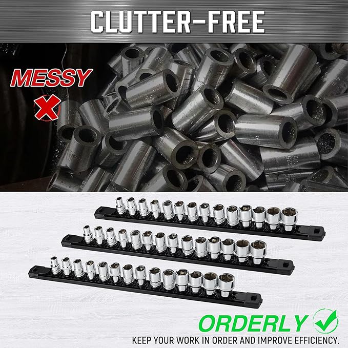 ALOANES 3-Piece Magnetic Socket Organizer, Heavy Duty Aluminum Socket Rails Organizer, 360째 Swivel Clips Socket Rail Set For Sockets Storage, 3/8-Inch Socket Holder x 42 Clips (Black)